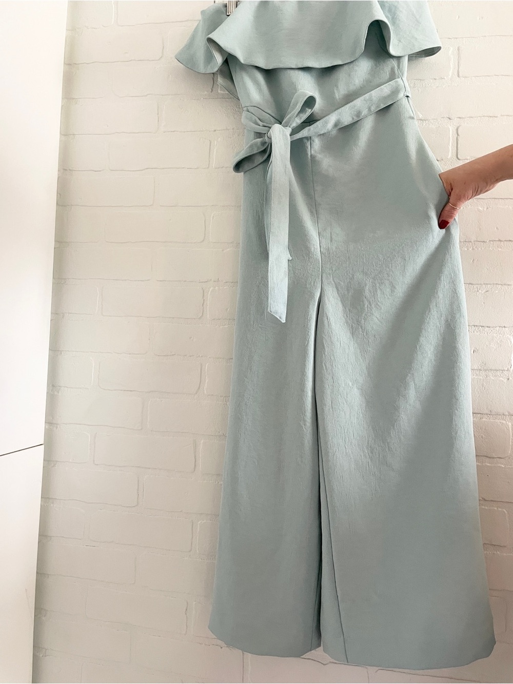 Babaton Off Shoulder Crop Jumpsuit Belted Wide Leg Crepe Mineral Blue Size 2 - Picture 7 of 16